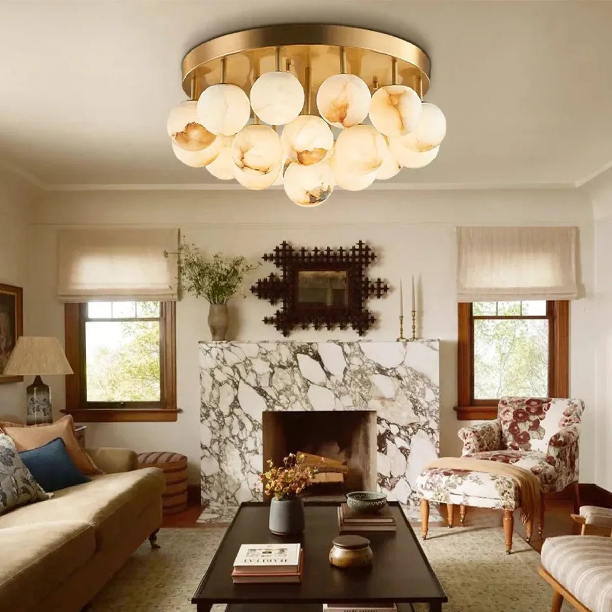 Modern Alabaster Bubble Globe Ceiling Light with Brass Finish, Flush Mount - View 3