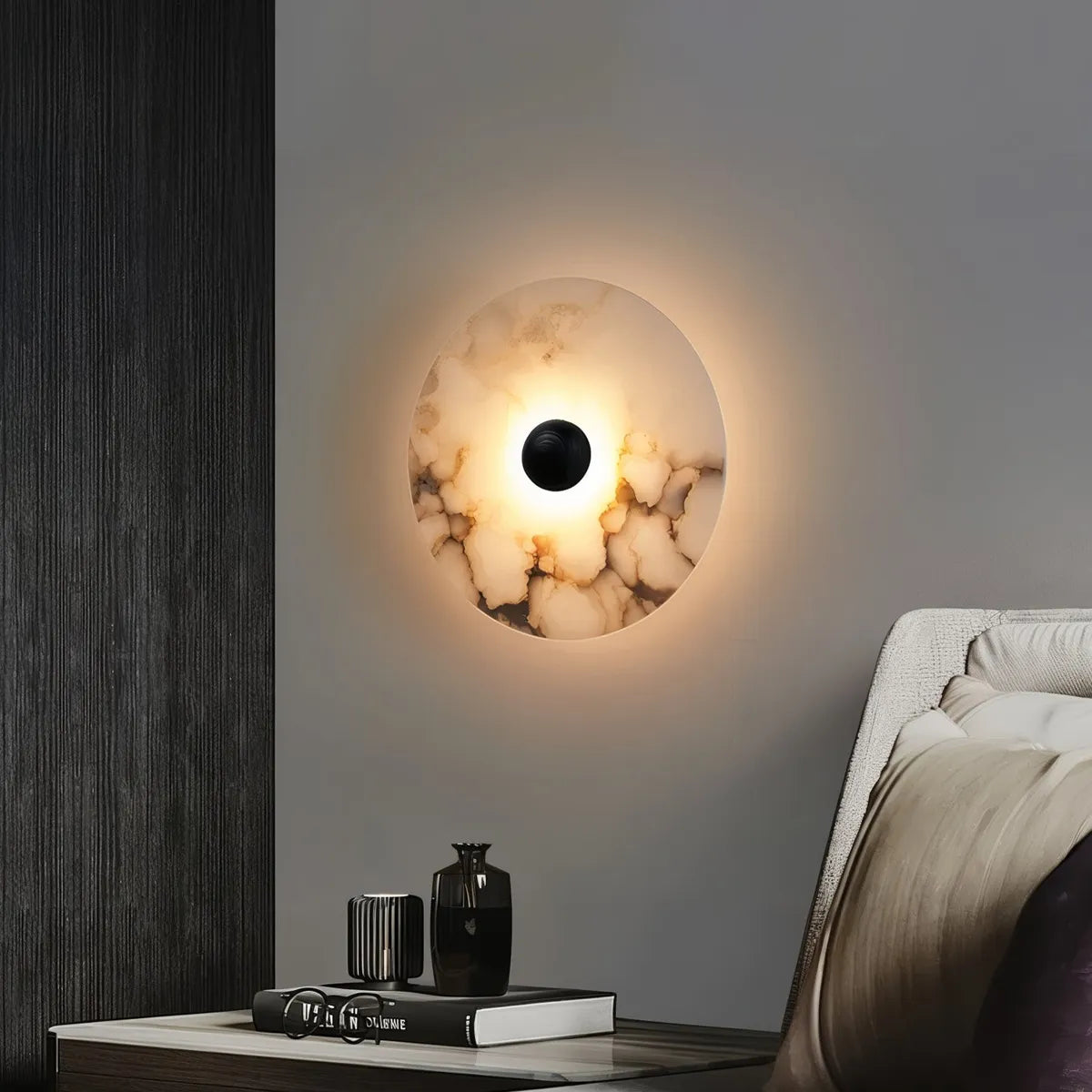 Nayra Round Alabaster Wall Sconce | Circular Wall Light with Diffused Output - View 2
