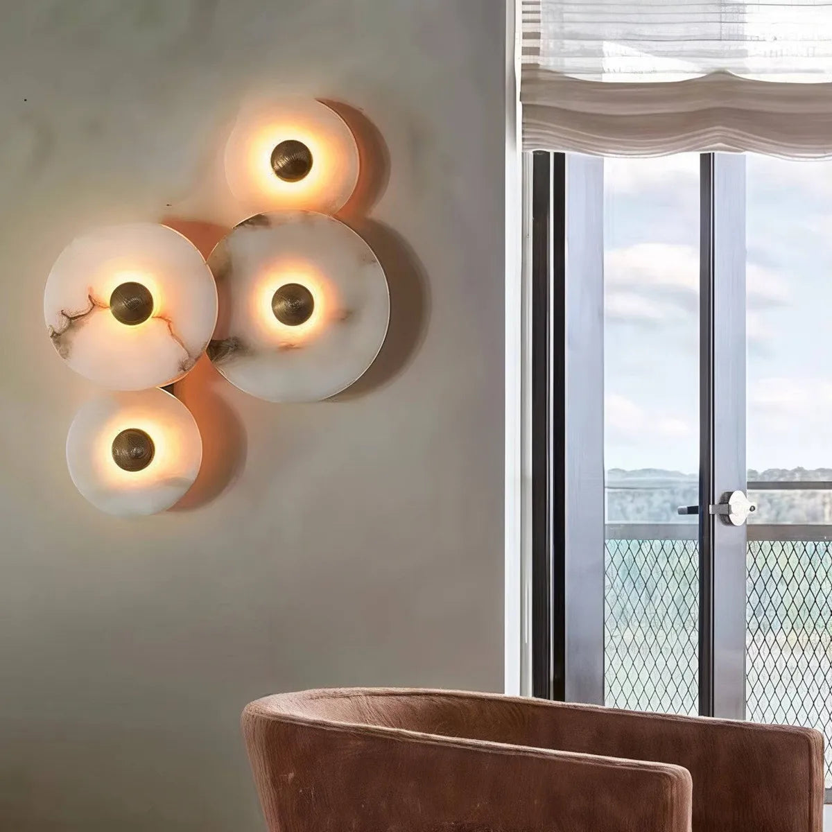 Nayra Round Alabaster Wall Sconce | Circular Wall Light with Diffused Output - View 3