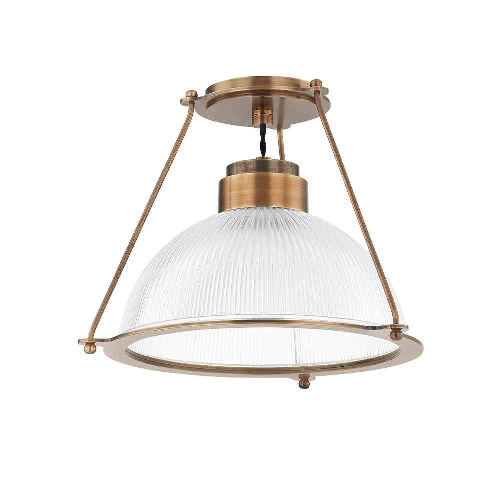 One-Light Ribbed Glass Dome and Brass Semi Flush Mount Ceiling Light