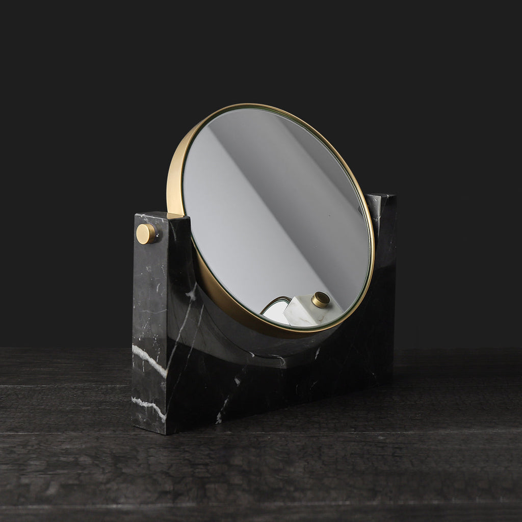 Pepe Marble and Brass Mirror featuring a luxurious marble base and a sleek brass frame, elegant design.
