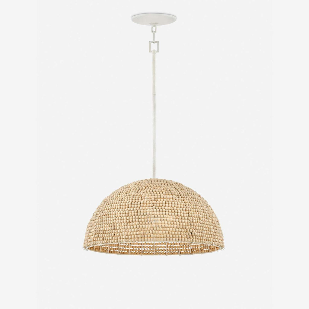 Raquel Woven Bead Dome Pendant Light handwoven artisan bead dome hanging light with warm dappled glow above dining table