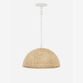 Raquel Woven Bead Dome Pendant Light handwoven artisan bead dome hanging light with warm dappled glow above dining table