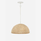 Raquel Woven Bead Dome Pendant Light handwoven artisan bead dome hanging light with warm dappled glow above dining table