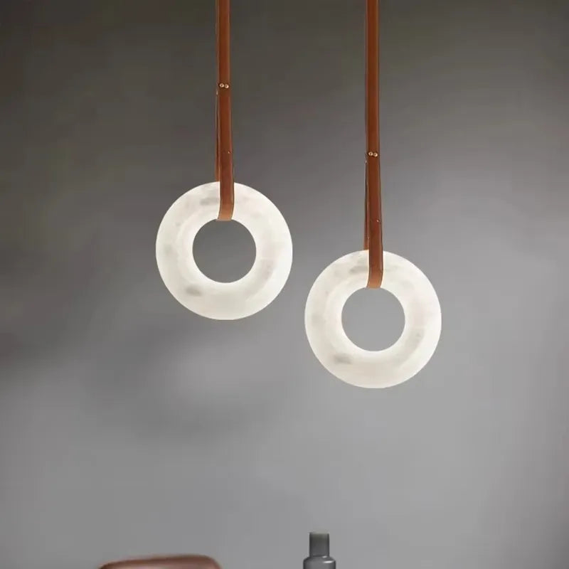 Ring Alabaster Pendant Lamp with Leather Straps – Oslo Indoor Hanging Lamp - View 3