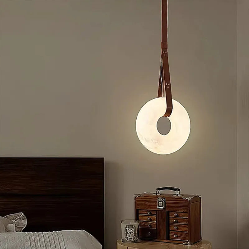 Ring Alabaster Pendant Lamp with Leather Straps – Oslo Indoor Hanging Lamp - View 4