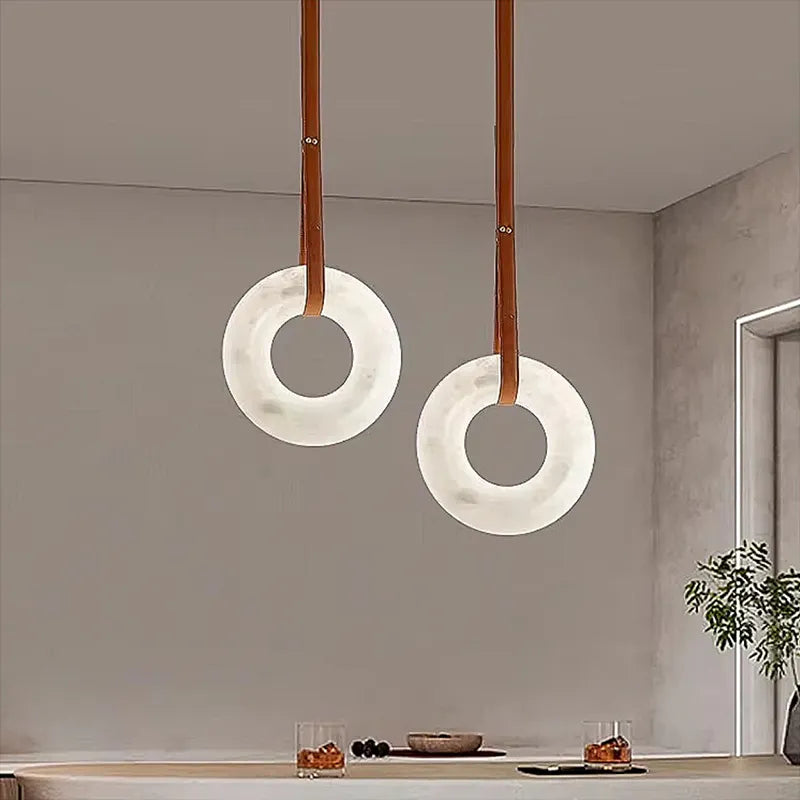 Ring Alabaster Pendant Lamp with Leather Straps – Oslo Indoor Hanging Lamp - View 5