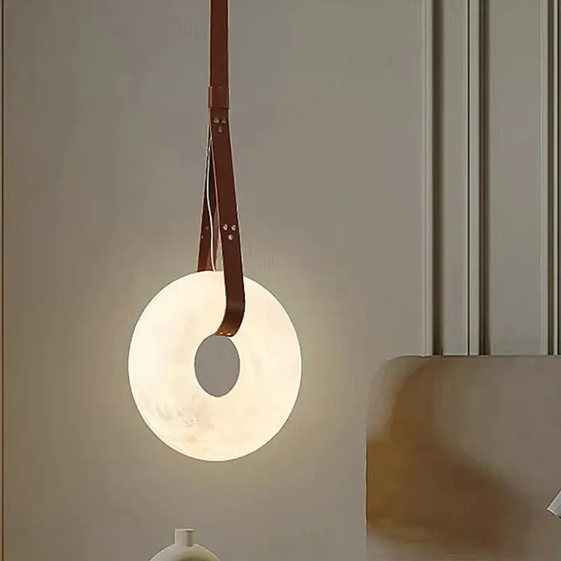 Ring Alabaster Pendant Lamp with Leather Straps – Oslo Indoor Hanging Lamp - View 6