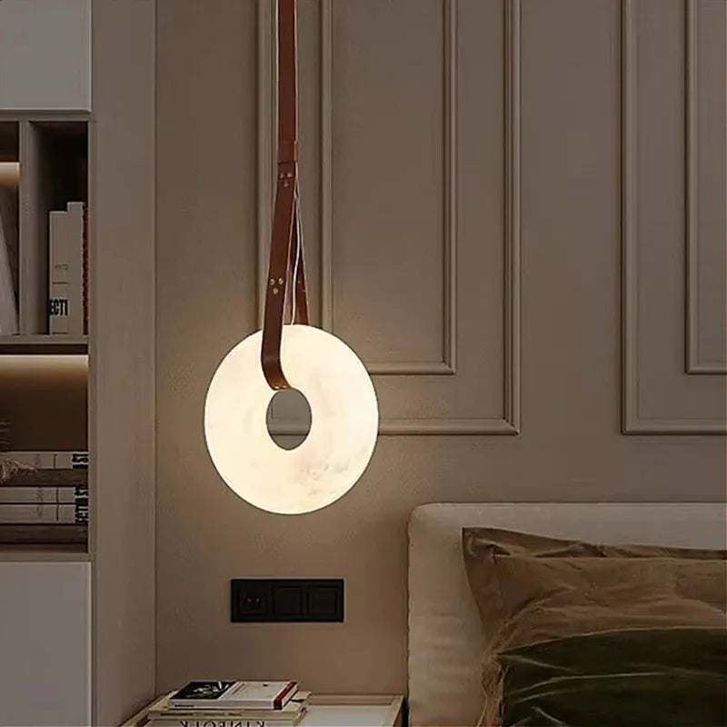 Ring Alabaster Pendant Lamp with Leather Straps – Oslo Indoor Hanging Lamp - View 7