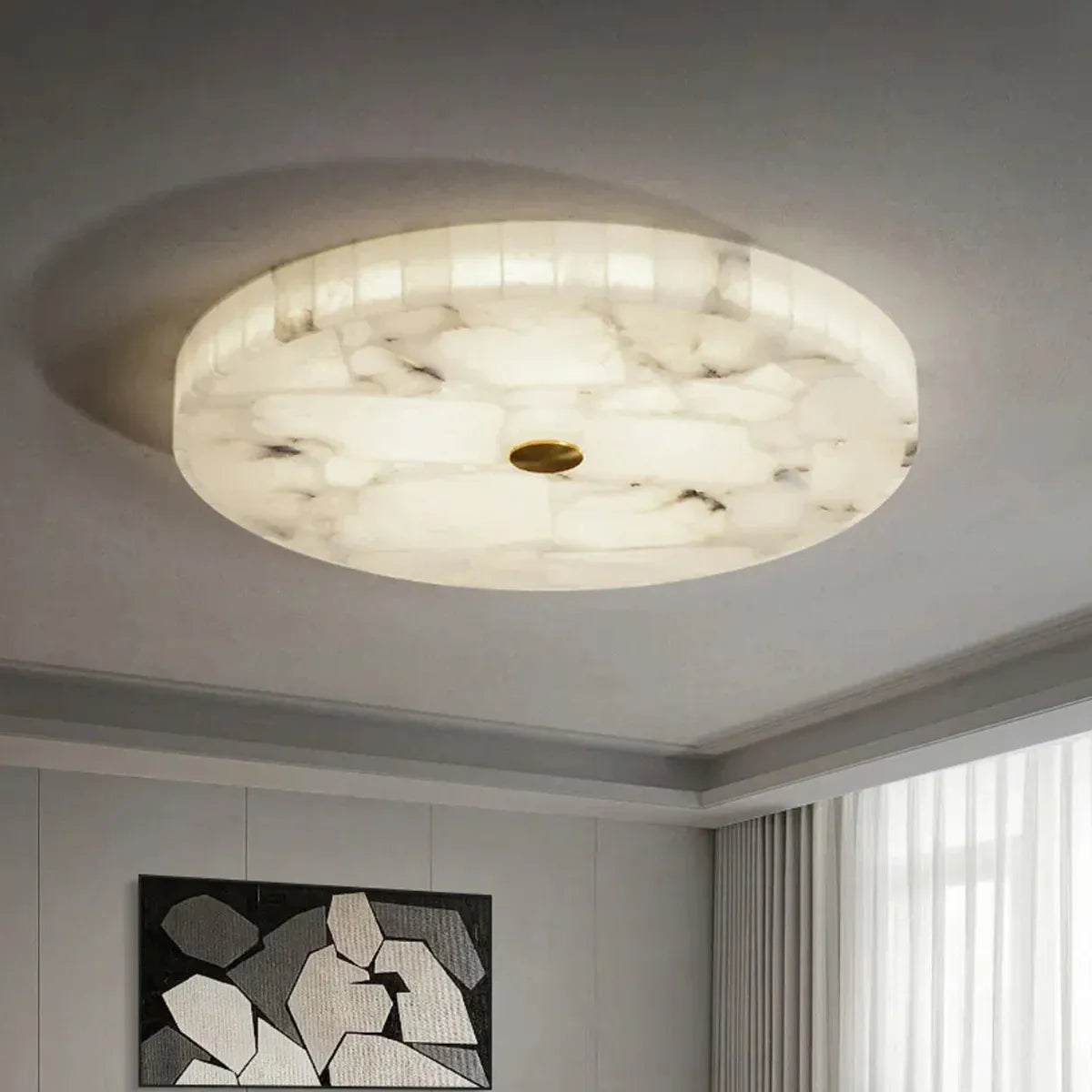 Round Alabaster Flush Mount Ceiling Light | Minimal Accent Lighting - View 3