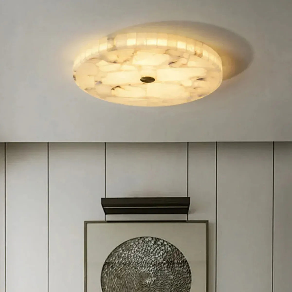 Round Alabaster Flush Mount Ceiling Light | Minimal Accent Lighting - View 4