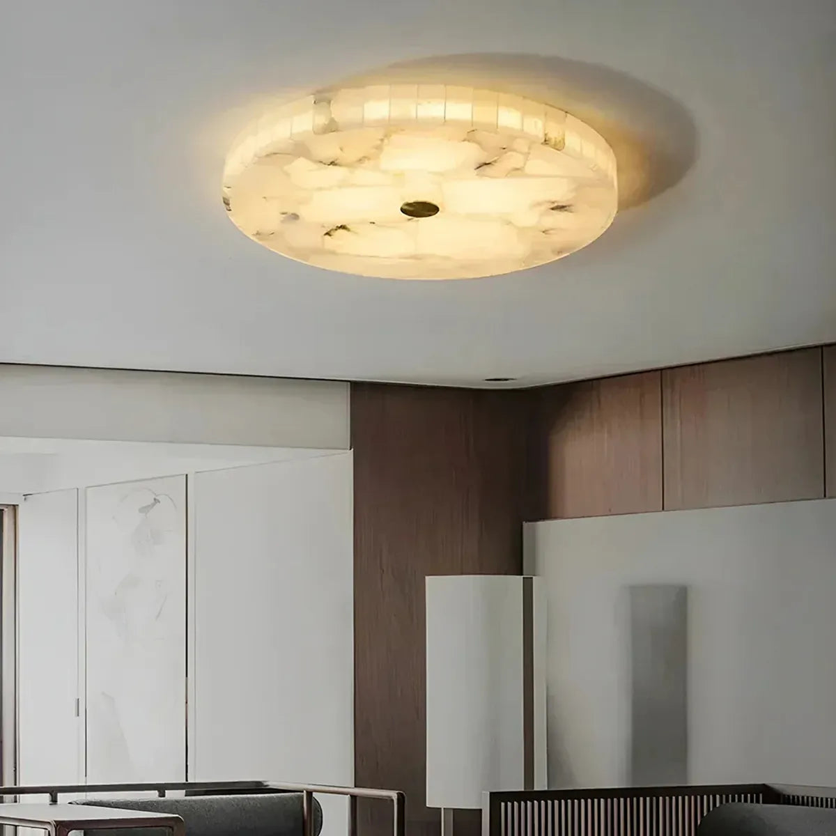 Round Alabaster Flush Mount Ceiling Light | Minimal Accent Lighting - View 6