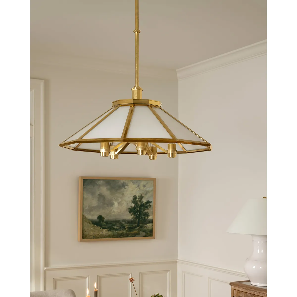 Knightley Ceiling Chandelier Regency English multi-arm ceiling light with warm chivalric glow in classic dining room interior