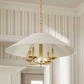 Townes chandelier light fixture with reeded brass rods and linen shade.