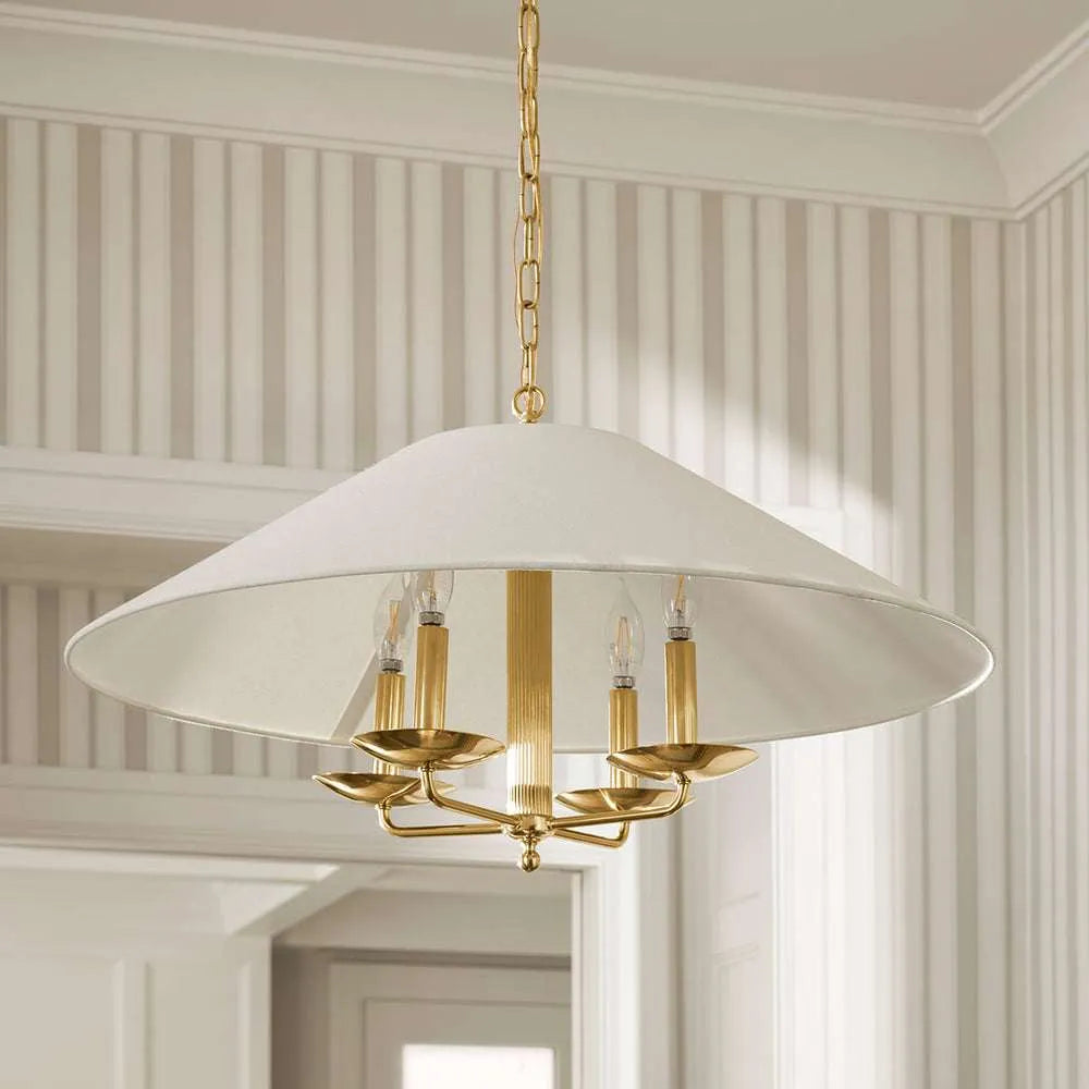 Townes chandelier light fixture with reeded brass rods and linen shade.