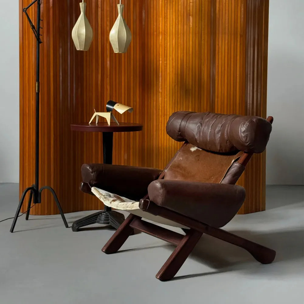 Swedish Cow Hide Armchair – Nordic Leather Accent Chair for Rustic Modern Decor