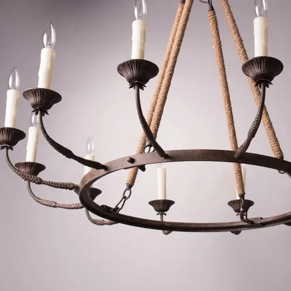 rustic chandelier with flaxen hemp rope