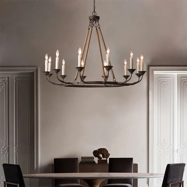 chandelier with flaxen hemp rope
