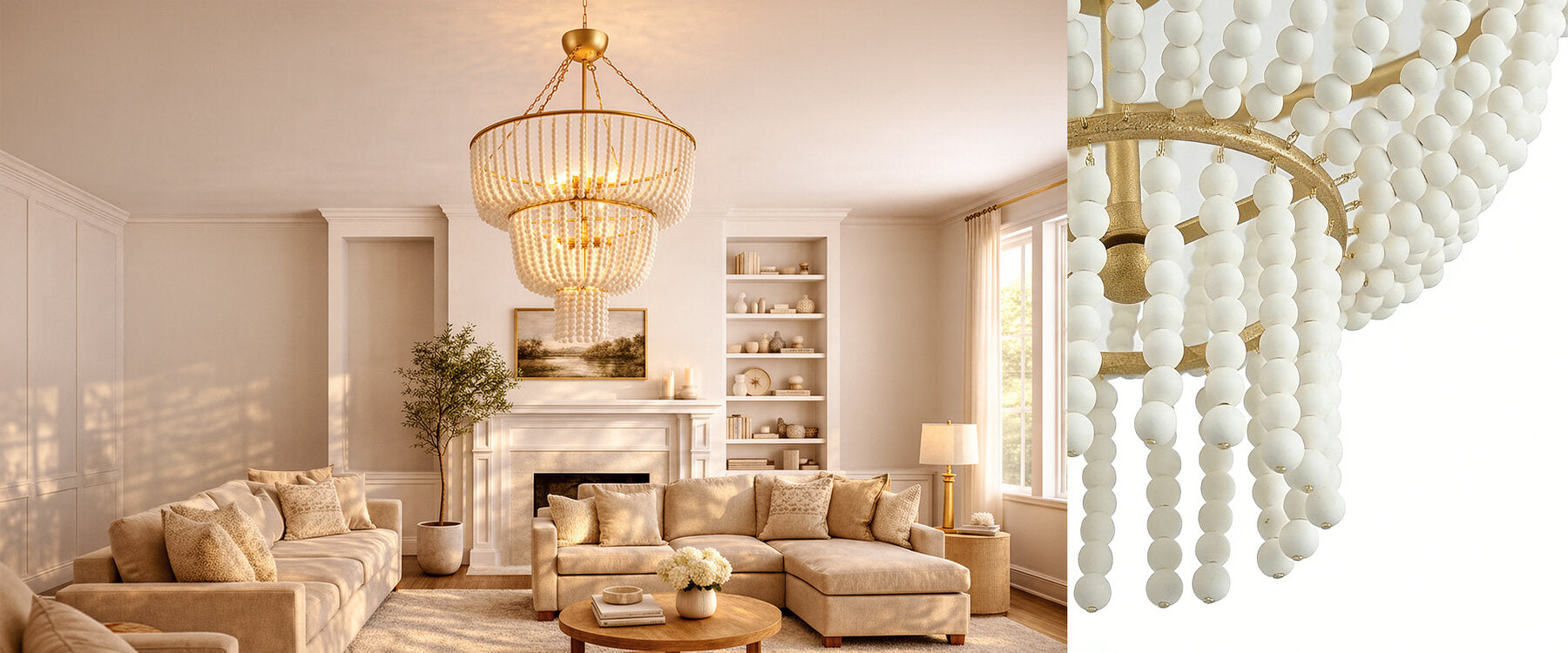 Living room with statement beaded chandelier